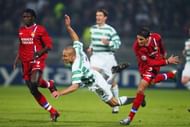 Henrik Larsson of Celtic is fouled